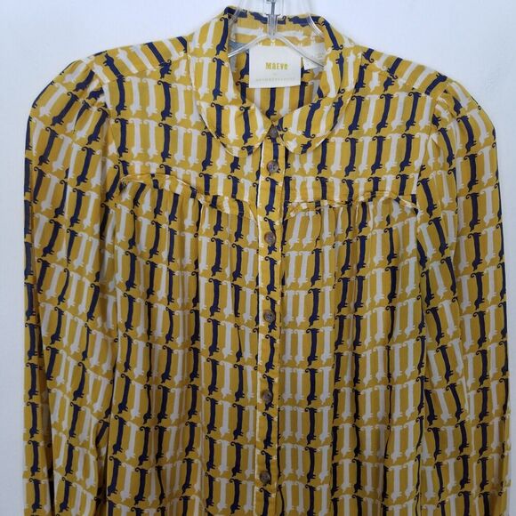 Anthropologie Maeve Women Dachshund Blouse Top Sz 0 Yellow Button Up Novelty - Picture 2 of 6